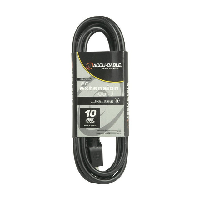 Accu Cable EC-163-10 10ft 16 Gauge 120V Edison Sockets AC Extension Cord Black