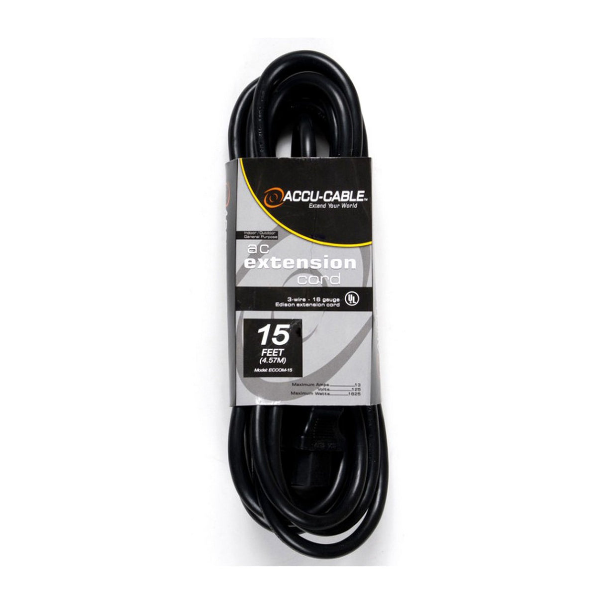 Accu Cable ECCOM-15 15ft IEC Male to Female AC Extension Power Cord Black