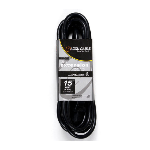Accu Cable ECCOM-15 15ft IEC Male to Female AC Extension Power Cord Black