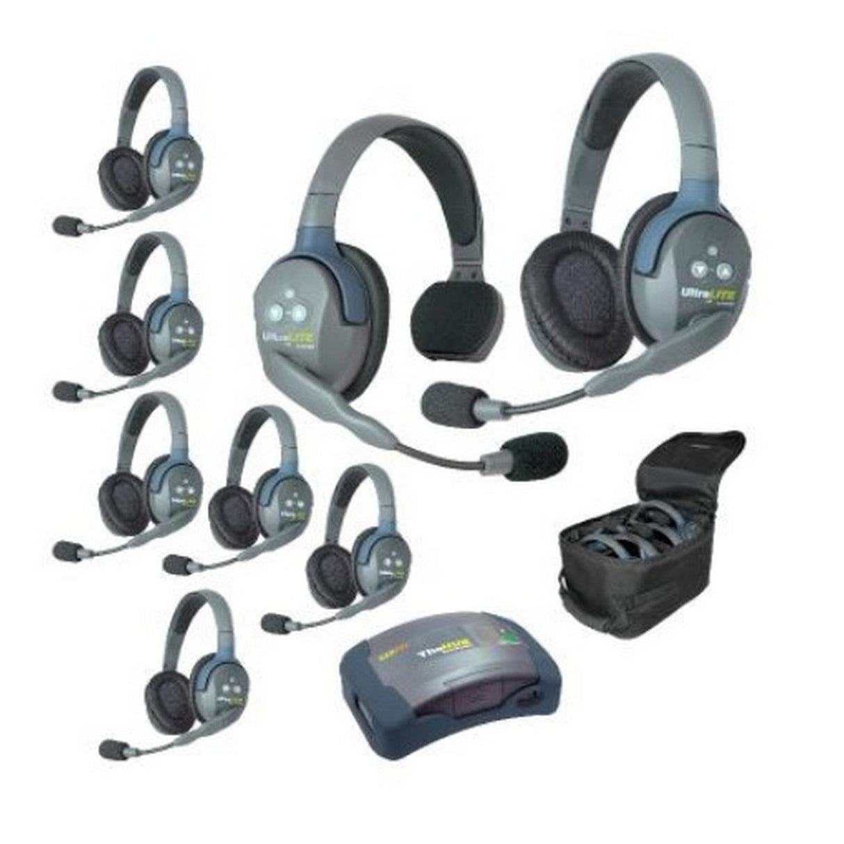 Eartec HUB817 8-Person Full Duplex Wireless Intercom with 1 Single and 7 Double Ear Headsets