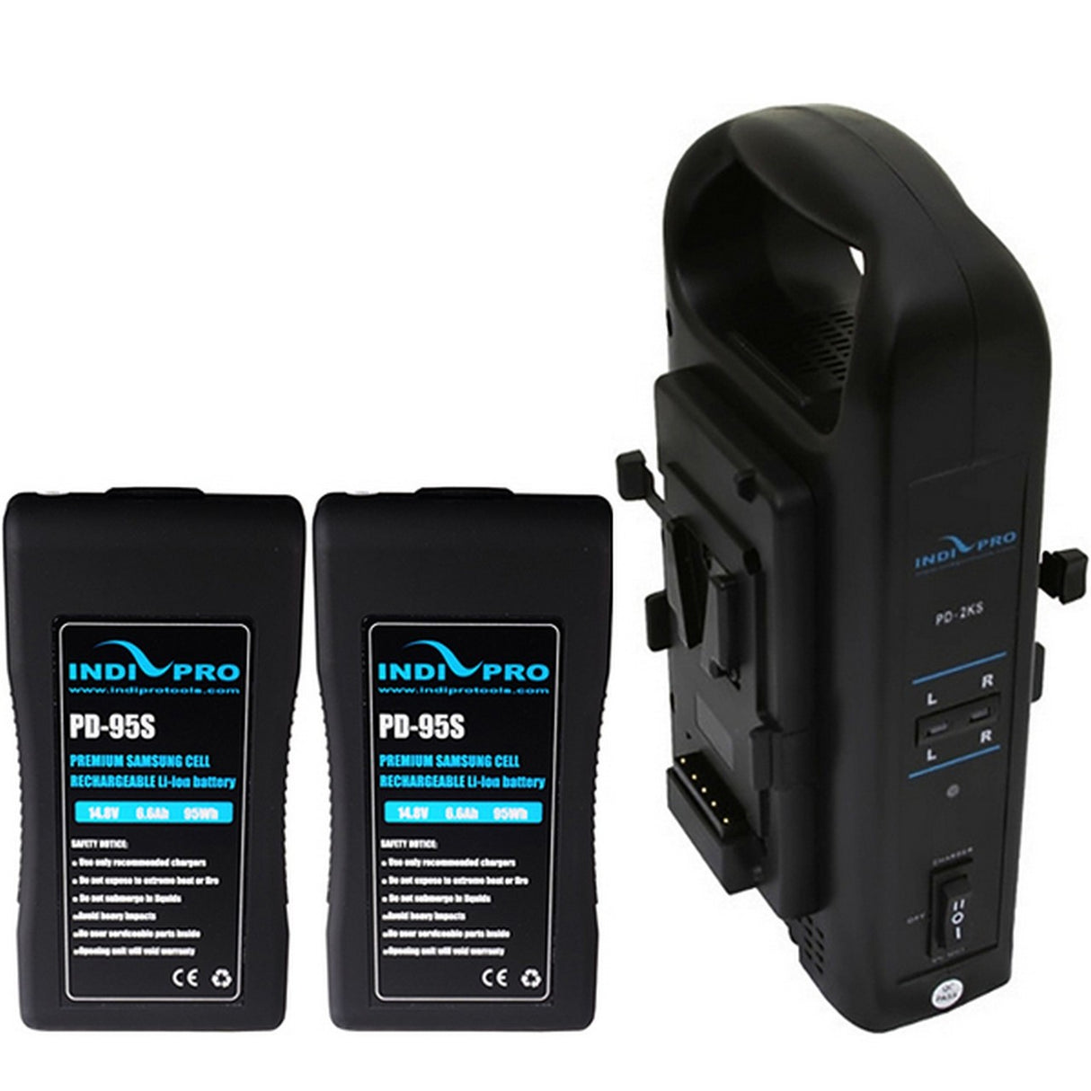 IndiPRO 2VMDCA | Two Compact 95Wh V-Mount Li-Ion Batteries and V-Mount Dual Battery Charger Kit
