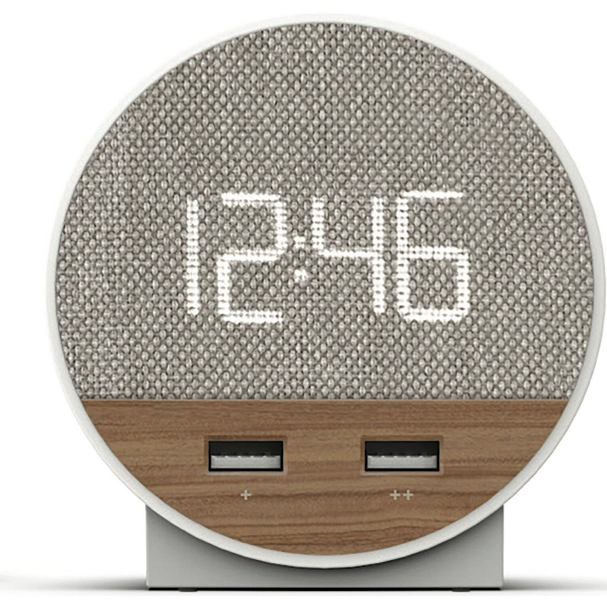 Nonstop Station O Small Round Alarm Clock, Wood/Grey Fabric