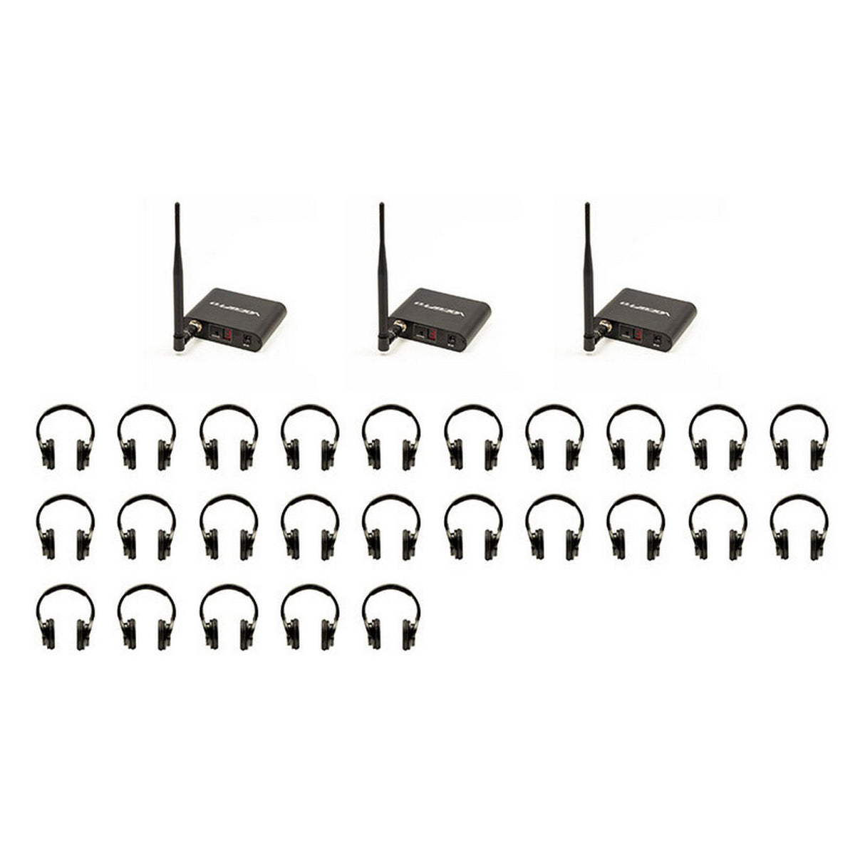 VocoPro Silent Disco 325 Package with 3 Transmitters and 25 Wireless LED Headphones