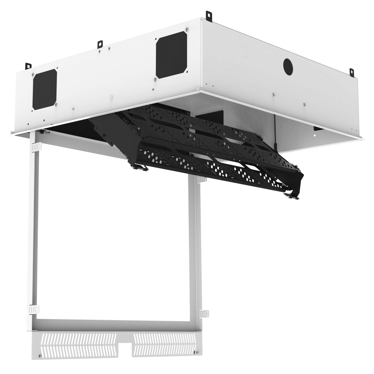 AtlasIED CR222 Series Ceiling-Mount Racks with 2RU Half-Width AmbiTILT Shelf and Integrated AC Power Pack