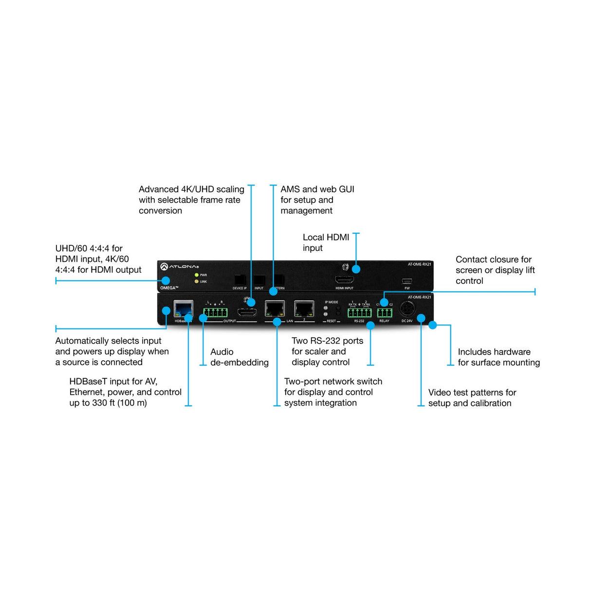 Atlona AT-OME-RX21 2x1 AV Switcher and HDBaseT Receiver with Scaler and HDMI Input