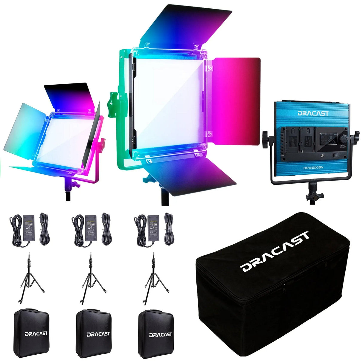 Dracast DRX3500RGBS X Series LED500 RGB and Bi-Color LED 3 Light Kit with Nylon Padded Travel Case