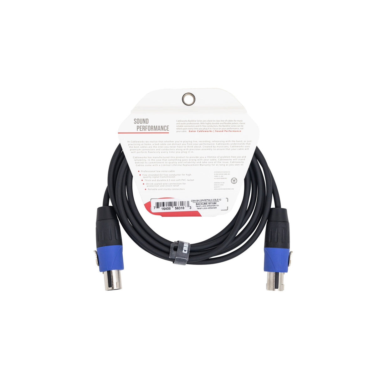 Gator Backline Series Twist Lock Connector to Twist Lock Connector Speaker Cable 10-Foot
