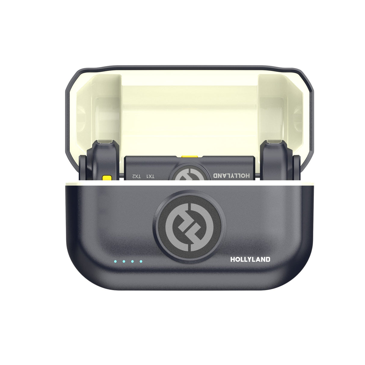 Hollyland Lark M2 (shine charcoal) wireless microphone charging case open: two black TX1 transmitters docked with yellow accents, blue status LED on lid with Hollyland logo, lightweight dual-channel lav system with Lightning receiver