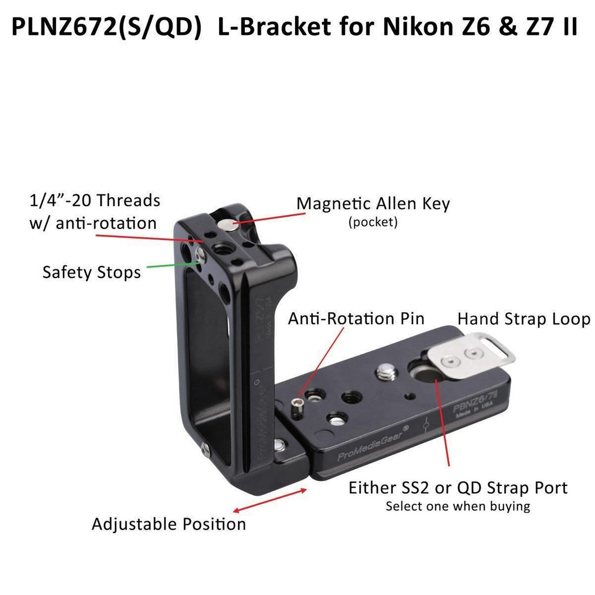 ProMediaGear PLNZ672 L-Bracket for Nikon Z6 II Z7 Mark II and Z6 Mark III Arca Swiss