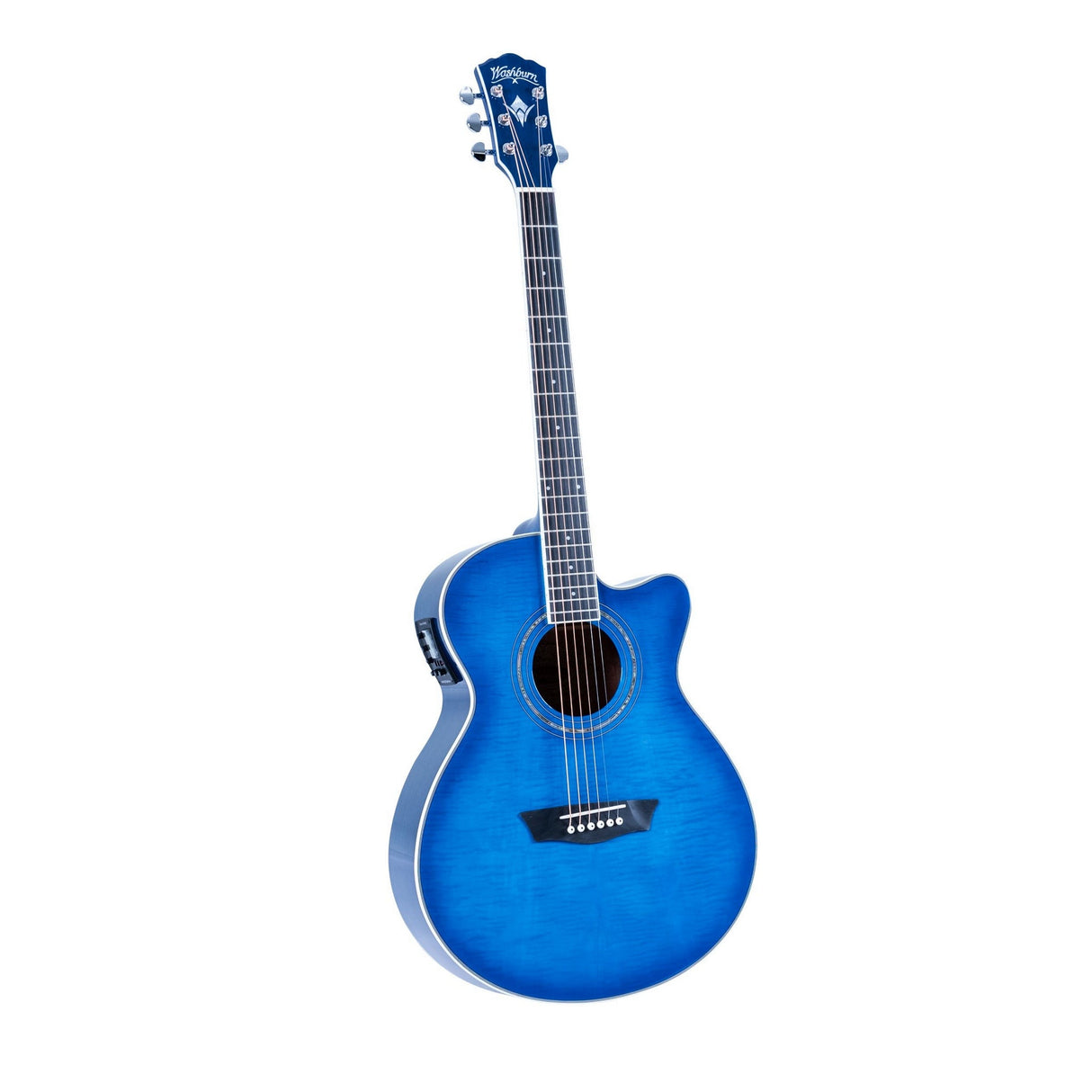 Washburn EA15 Festival Series Mini Jumbo Cutaway Acoustic Electric Guitar, Flame Transparent Blue Finish