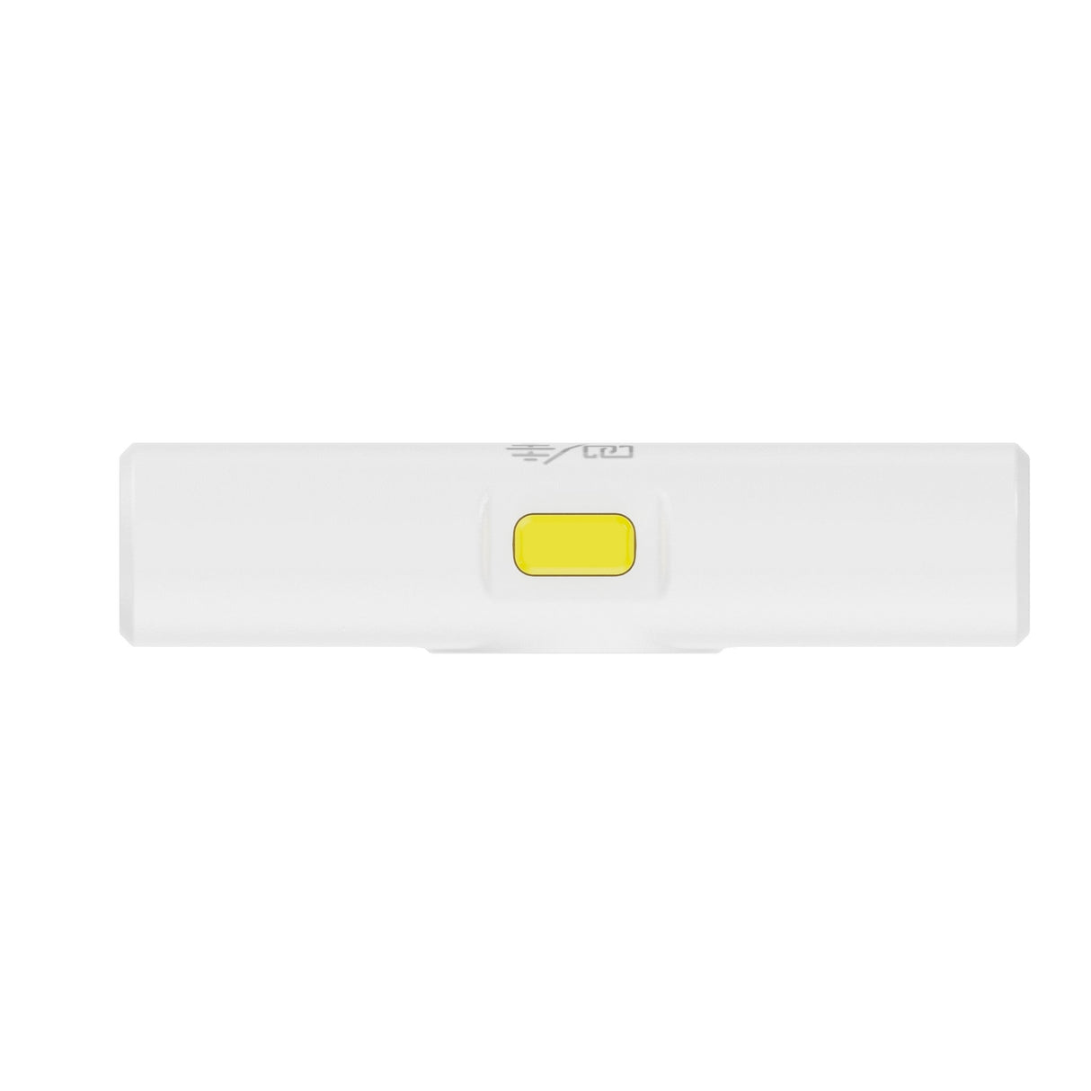 Hollyland Lark M2 shine white charging case top view: compact rectangular white case with Hollyland logo, centered yellow power button, slim design for storing dual TX and Lightning RX units in wireless lavalier microphone system