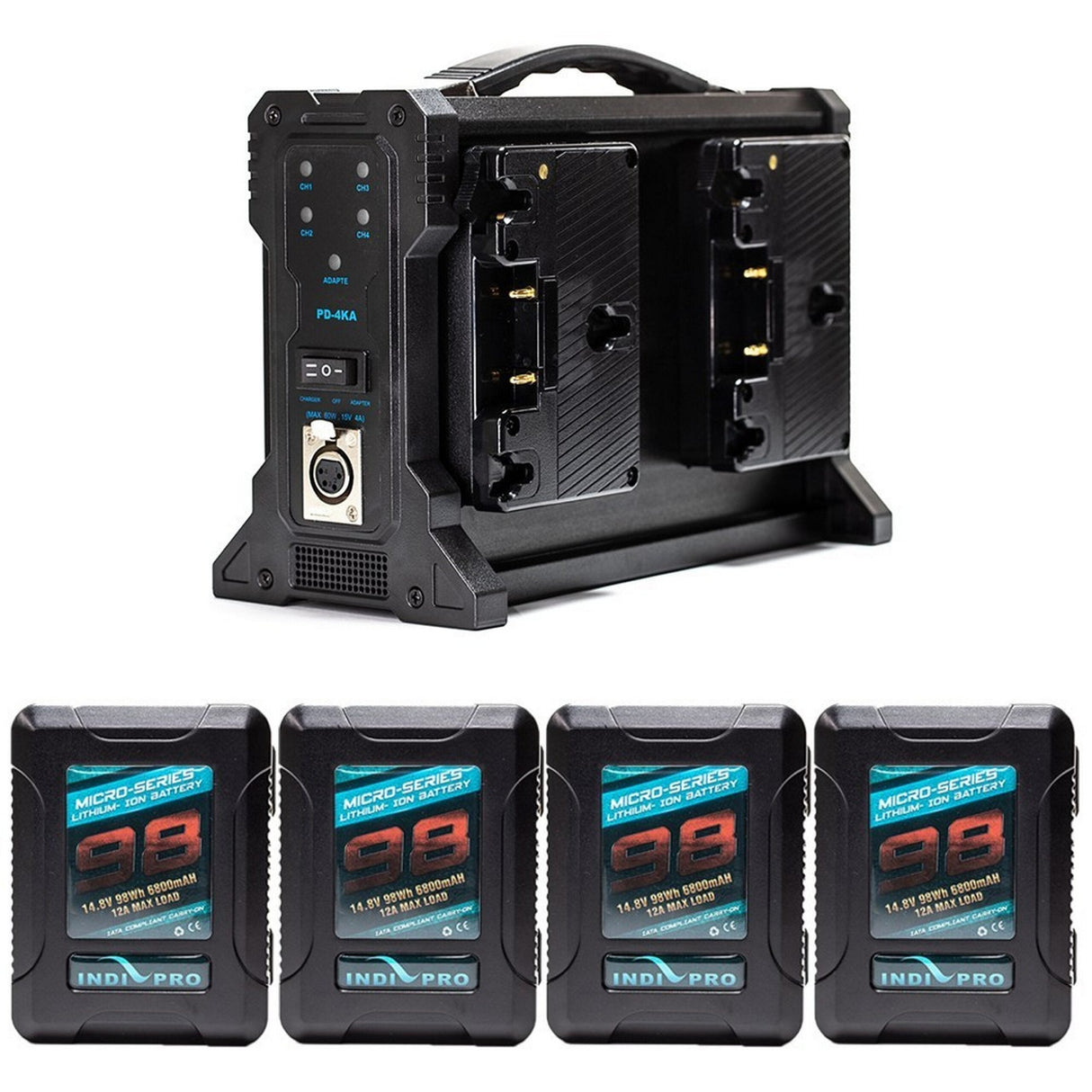 IndiPRO GMPKT4 4 Micro- Series 98Wh Gold Mount Lithium-Ion Batteries and Quad Pro Gold Mount Battery Charger Kit