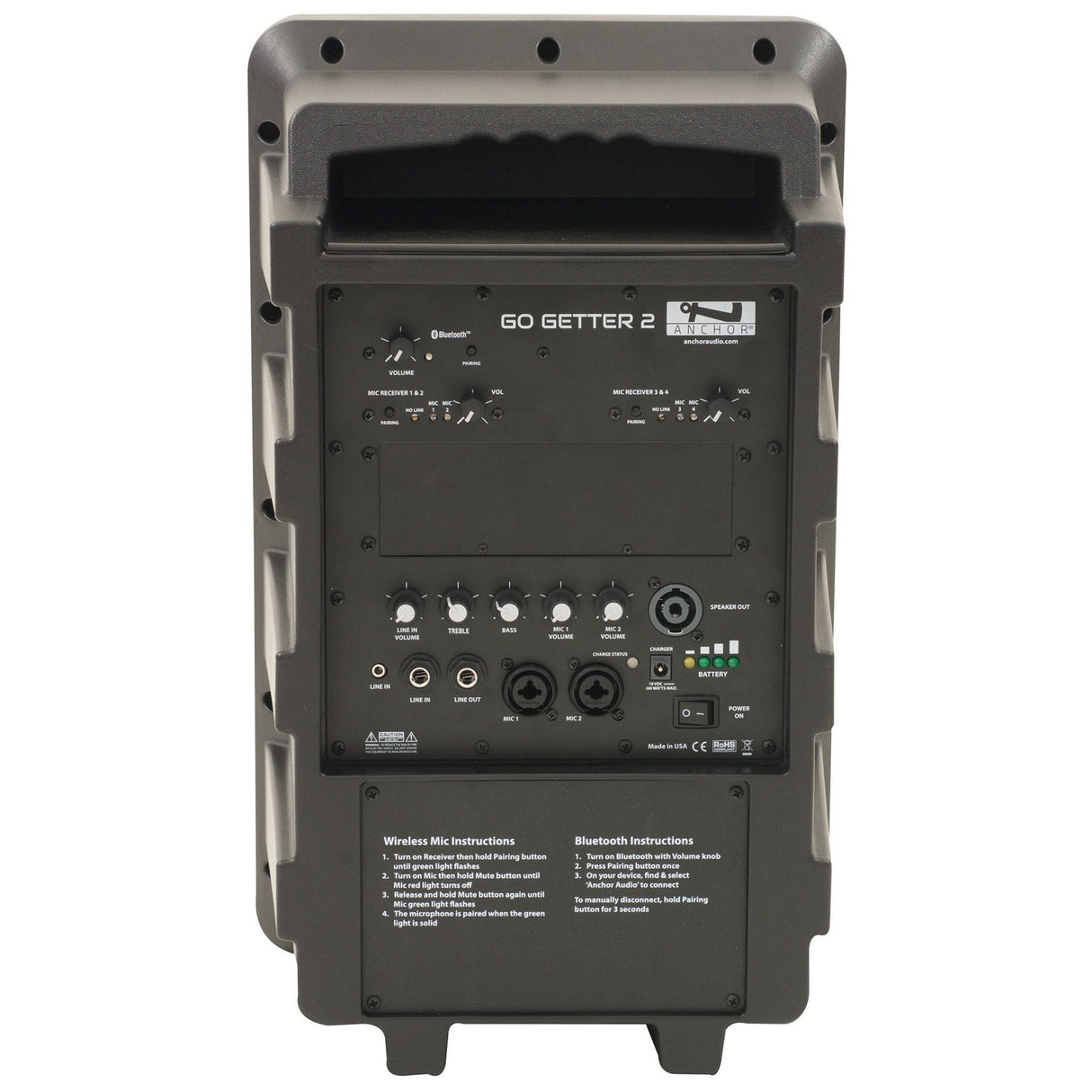 Anchor Audio GG2-XU4 Go Getter 2 PA speaker - angle view showing panel controls and inputs