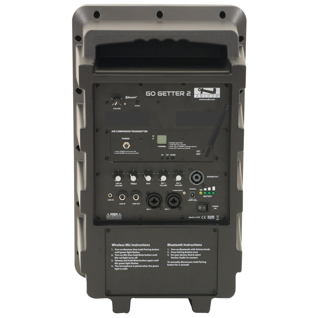 Anchor Audio GG2-R Go Getter 2 PA system - side angle view showing inputs and controls