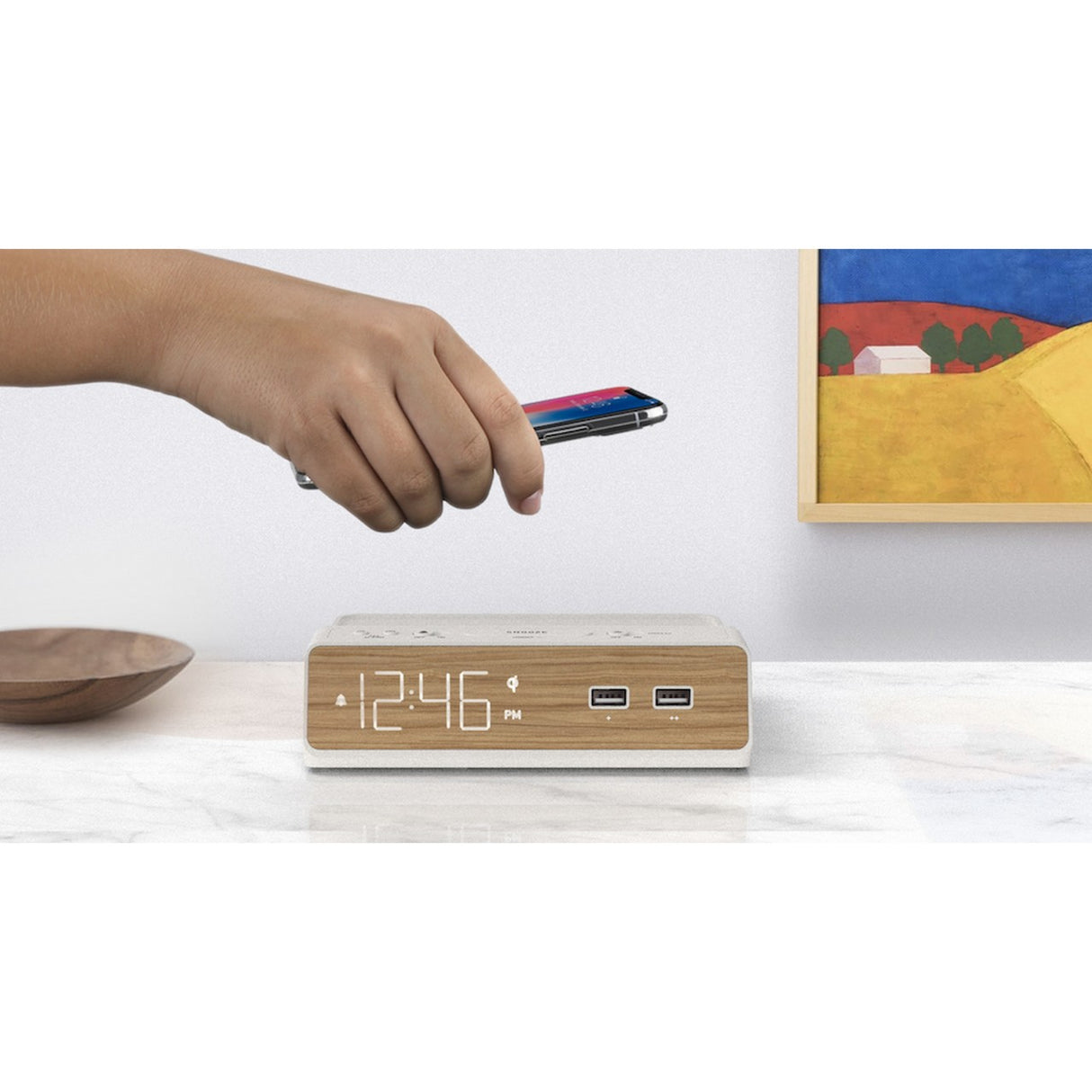 Nonstop Station W Alarm Clock with Qi Wireless Charging Off White/Wood