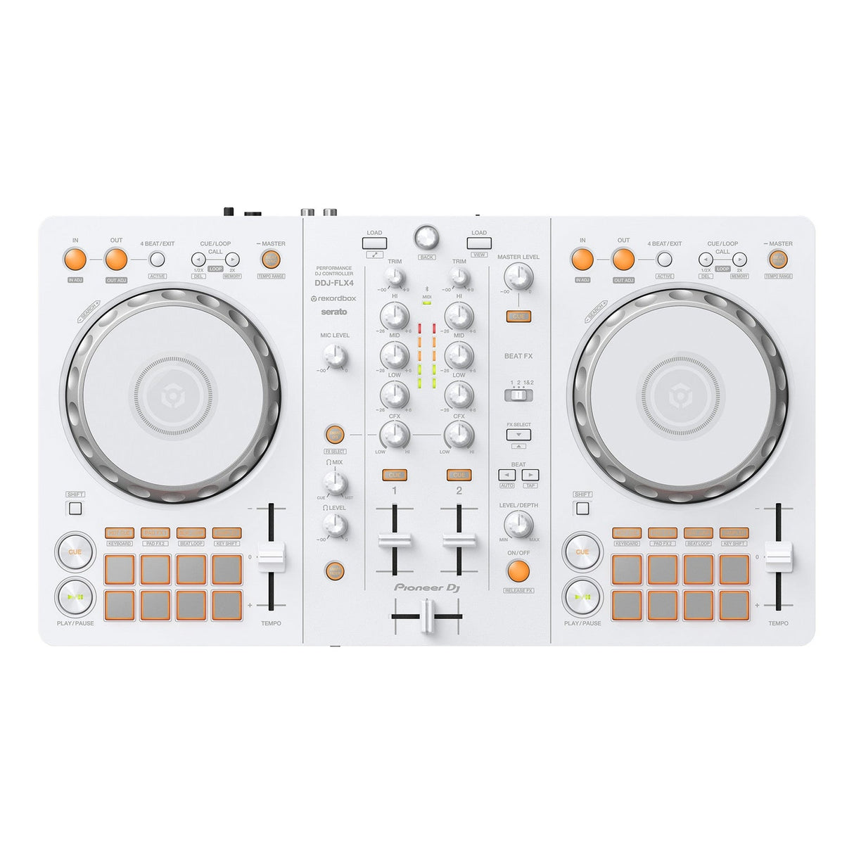 Pioneer DDJ-FLX4-W DJ Controller Bundle with Goby Labs Fingerboard Conditioner and Microfiber Cloth