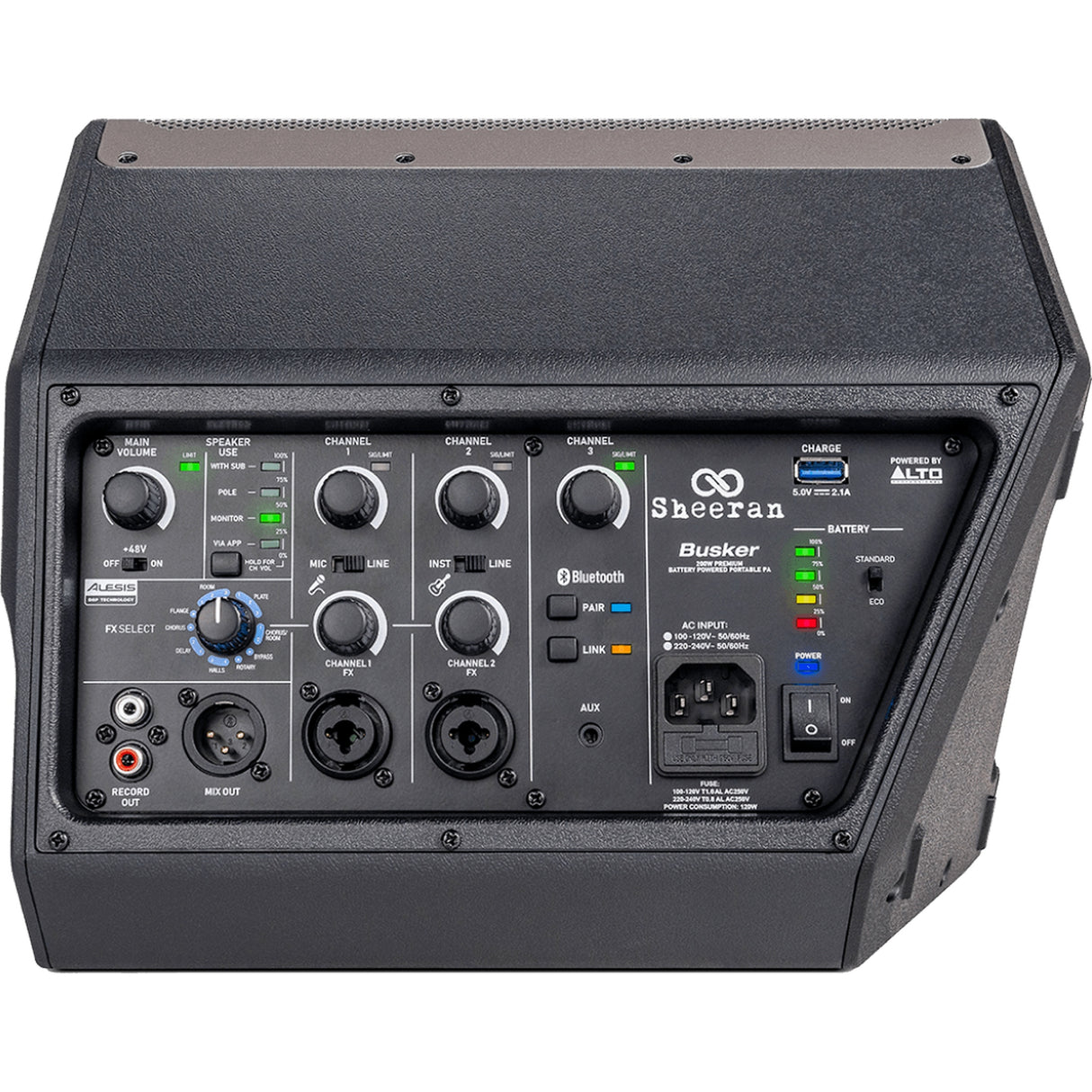 Close-up of Sheeran Busker Special Edition mixer controls including Alesis FX, volume meters, and DSP modes for monitor or PA use