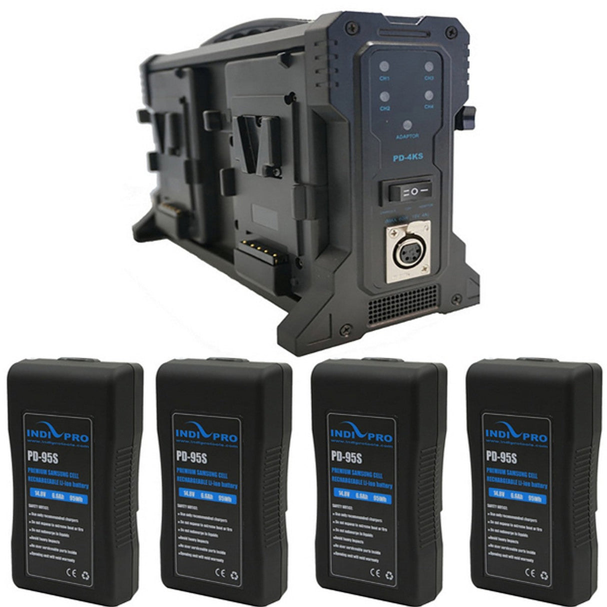 IndiPRO PD95SKT8 Four Compact 95Wh V-Mount Lion Batteries and Quad Pro Battery Charger Kit