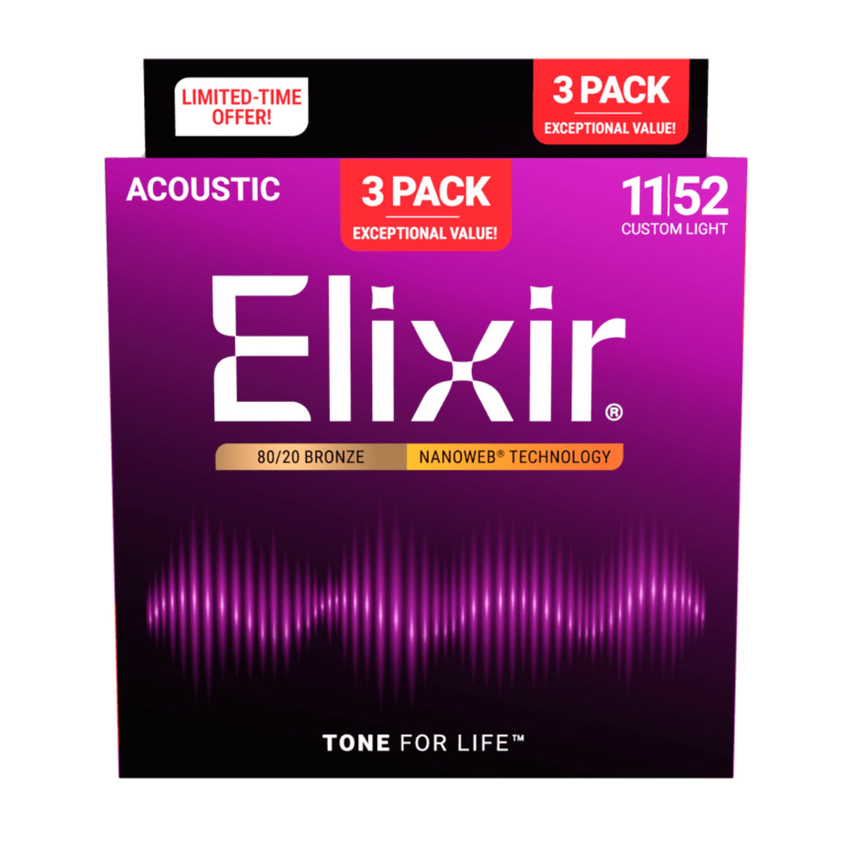 Elixir 16564 80/20 Bronze NANOWEB Acoustic Guitar Strings 3-Pack - Custom Light (11-52)