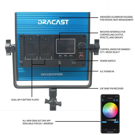 Dracast DRX500RGB LED500 X Series RGB and Bi-Color LED Light with Dual NP-F Battery Plate