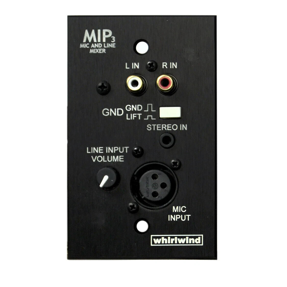 Whirlwind MIP3B 1-Gang Wall Input Plate with XLRF 3.5mm TRS Dual RCA Level Control Inputs Black