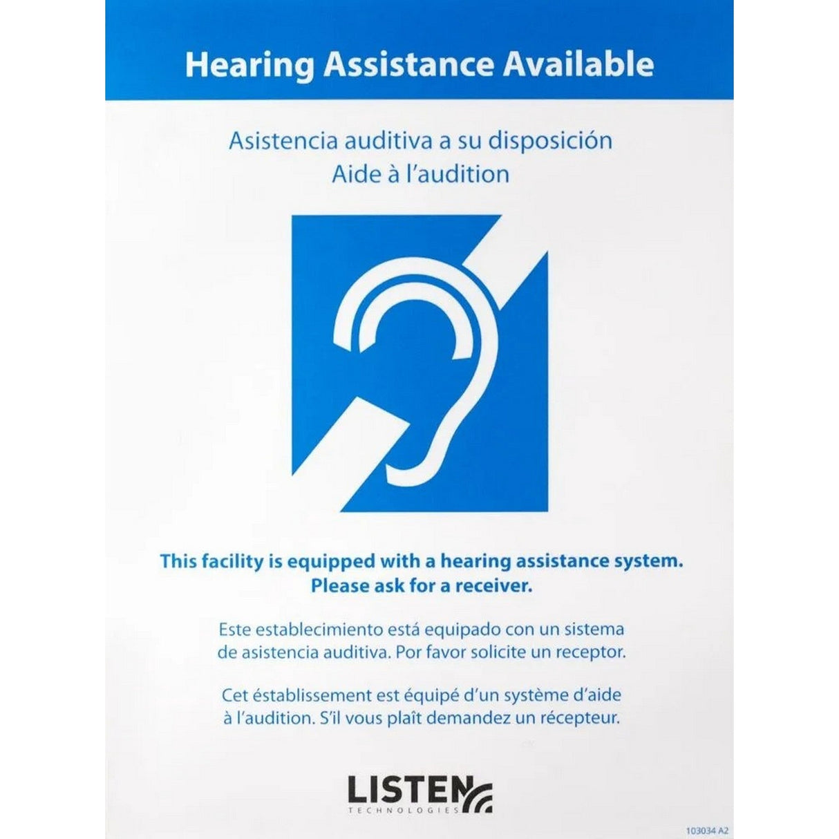 Listen Tech LA-303 Multi-Lingual Assistive Listening Notification Sign English/French/Spanish