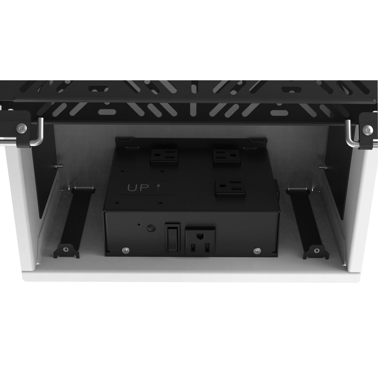 AtlasIED CR212 Series Ceiling-Mount Rack with 2RU Half-Width AmbiTILT Shelf and Integrated AC Power Pack, Fits 12-Inch by 24-Inch Ceiling Tiles
