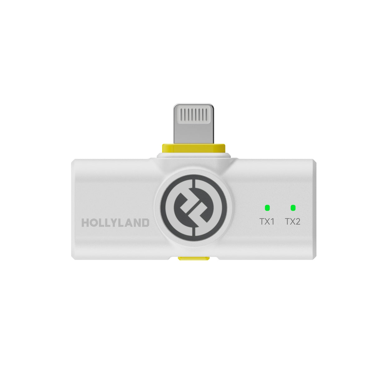 Hollyland Lark M2 shine white Lightning receiver front view: white USB-C to Lightning dongle with yellow power button, Hollyland logo, green TX1 and TX2 pairing LEDs on, "TX1 TX2" labels, plugged into iPhone for dual wireless lavalier audio