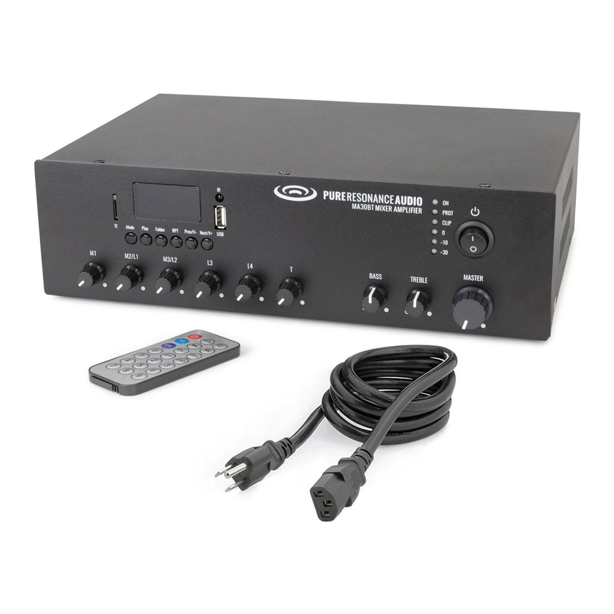 Pure Resonance Audio Paging Sound System with (4) C3 Ceiling Speakers, MA30BT Bluetooth Mixer Amplifier, and PTT1 Push-to-Talk Microphone