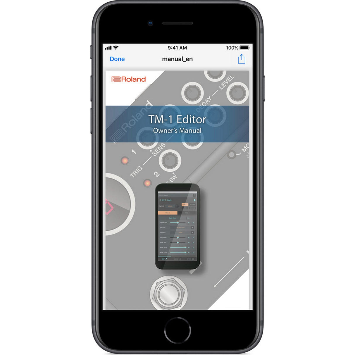 Phone displaying the Roland TM-1 Editor app on a white background