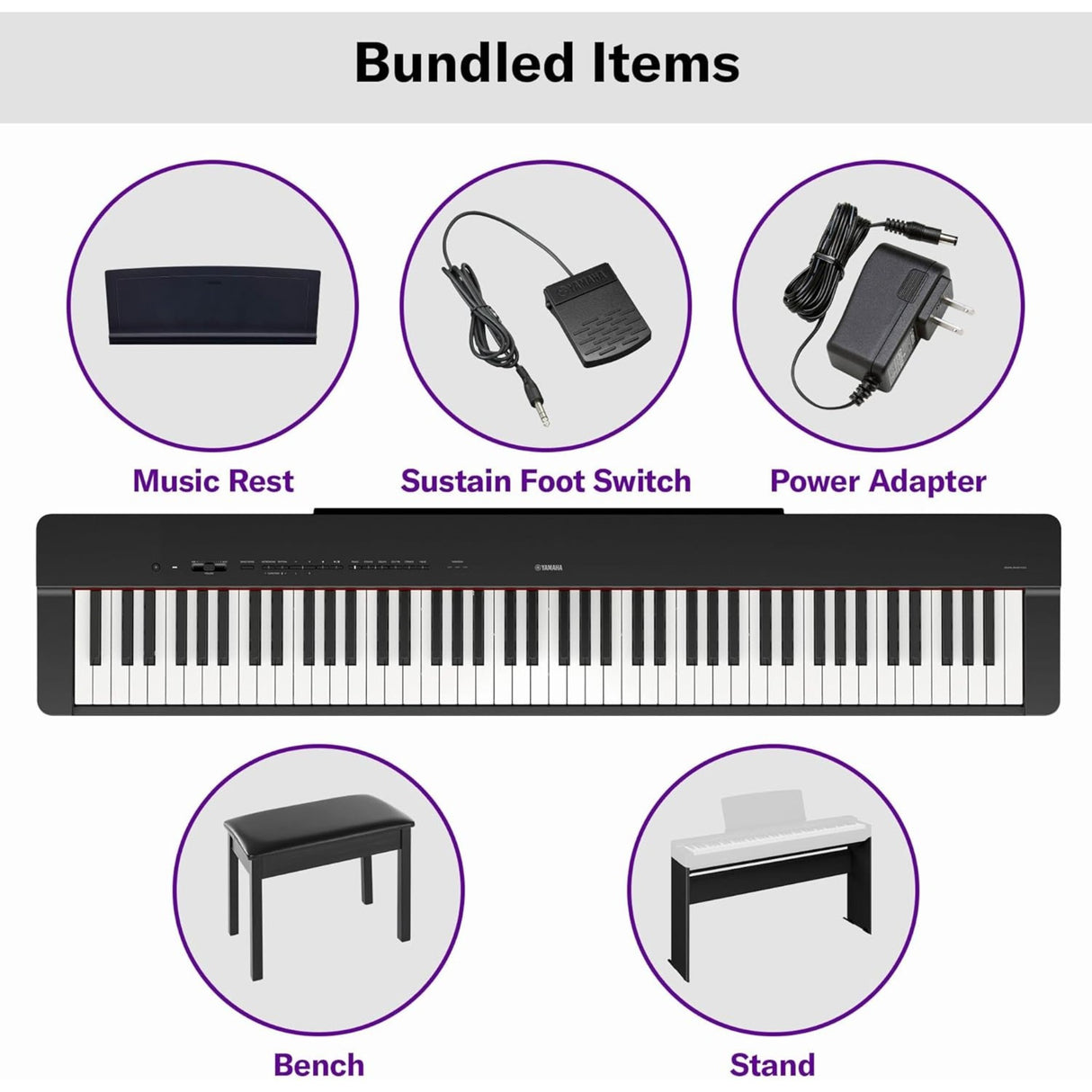 Yamaha P225BLB 88-Key Weighted Digital Piano Bundle with Stand, Bench