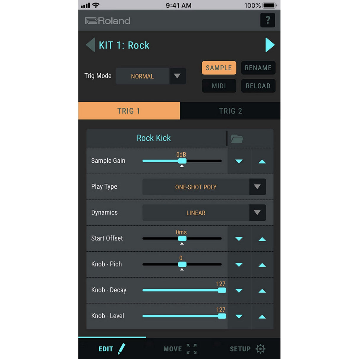 MIDI settings screen on a smartphone with Roland branding