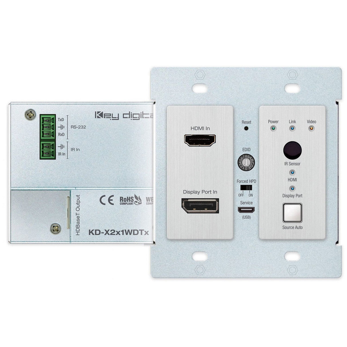 Key Digital KD-X2X1WDTX 2 x 1 4K/18G 40m HDBaseT PoH Wall Plate Switcher Transmitter