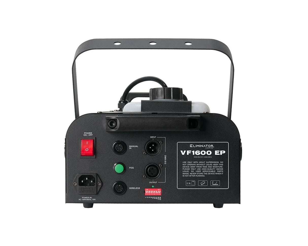 ADJ VF1600 1500W mobile DMX fog machine with 20,000 CFM output 2.3L tank wired timer remote and 3-pin DMX I/O