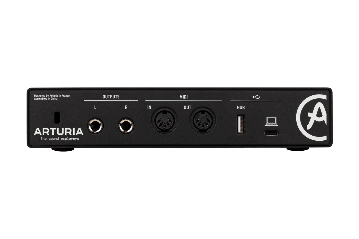 Arturia MiniFuse 2 black USB-C audio interface with dual combo inputs, 48V phantom power, MIDI I/O, USB-A hub, and software pack