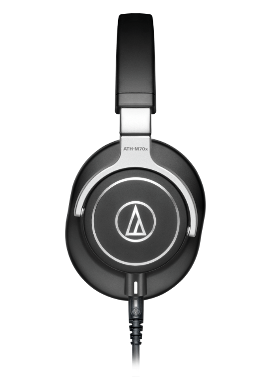 Audio-Technica ATH-M70x professional closed-back monitor headphones with 45mm drivers, 5Hz-40kHz response, swiveling earcups, detachable cables, carrying case, and 6.3mm adapter