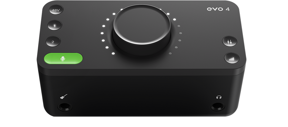 Audient EVO 4 USB audio interface, compact black desktop 2x2 USB-C audio interface with large central control knob, LED ring indicator, dual mic/line inputs, headphone output, and sleek minimal design