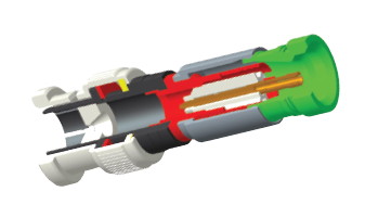 Exploded technical diagram of Belden FSNS6BNCPL ProSNS RG-6 plenum BNC compression connector: cutaway view showing nickel/tin brass nut/body, gold-plated contact pin, black ferrule, red dielectric grip, yellow O-ring, gray cable jacket, green polymer compression sleeve assembly for coax termination