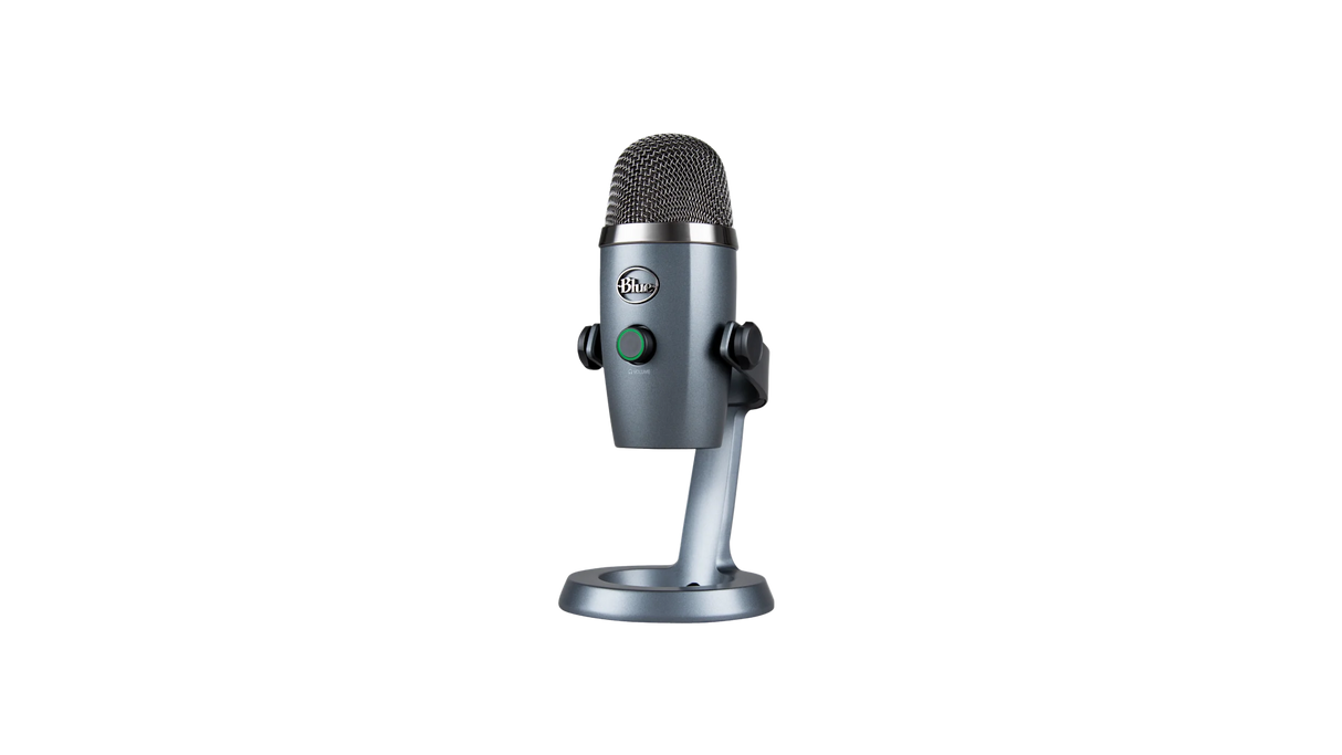 Blue Yeti Nano Shadow Gray USB condenser microphone with cardioid and omnidirectional pickup patterns, 24-bit/48kHz audio, headphone output, mute control, and PC/Mac compatibility