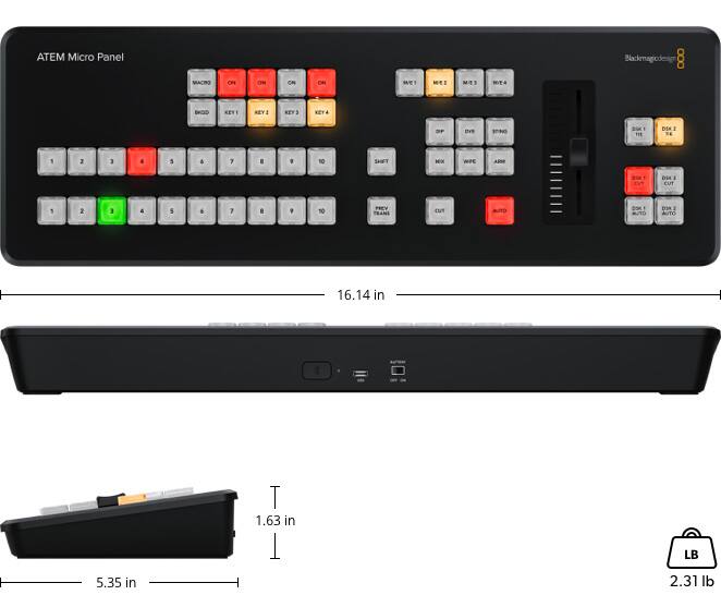 Blackmagic Design ATEM Micro Panel software control switcher with backlit program and preview buttons, transition fader, and macro controls for live video production and broadcast switching