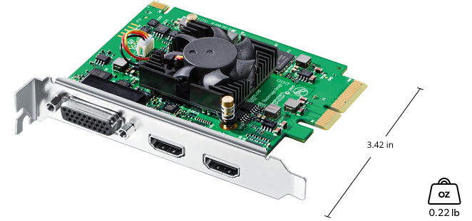 Measurement of Blackmagic Design Intensity Pro 4K PCIe capture card front view, showing low-profile bracket with HDMI input/output ports and Blackmagic branding