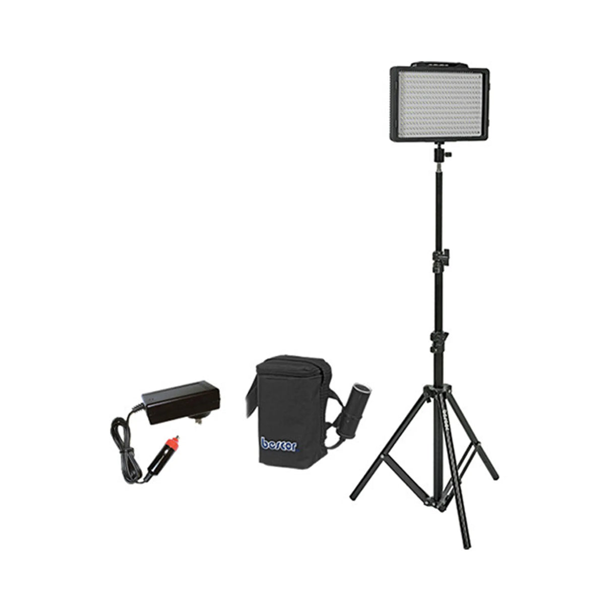 Bescor LED200SB 300W LED Studio Light Light Stand and 12V 3A HP3 Battery with Auto Charger Kit
