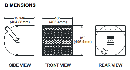 Technical line drawing of Community R.5-94Z loudspeaker dimensions: side view with yoke bracket (15.94 in H x 16 in W), front grille view (16 in H x 16 in W), rear view (16 in H x 16.4 in W), all labeled in inches and mm