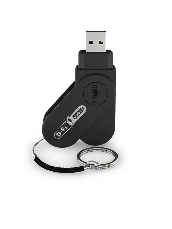 Chauvet DJ D-Fi USB 2 wireless DMX transceiver angled view showing extended USB connector, foldable black housing with D-Fi USB 2 branding, Chauvet logo, and attached black lanyard with metal key ring clip for DJ lighting fixtures