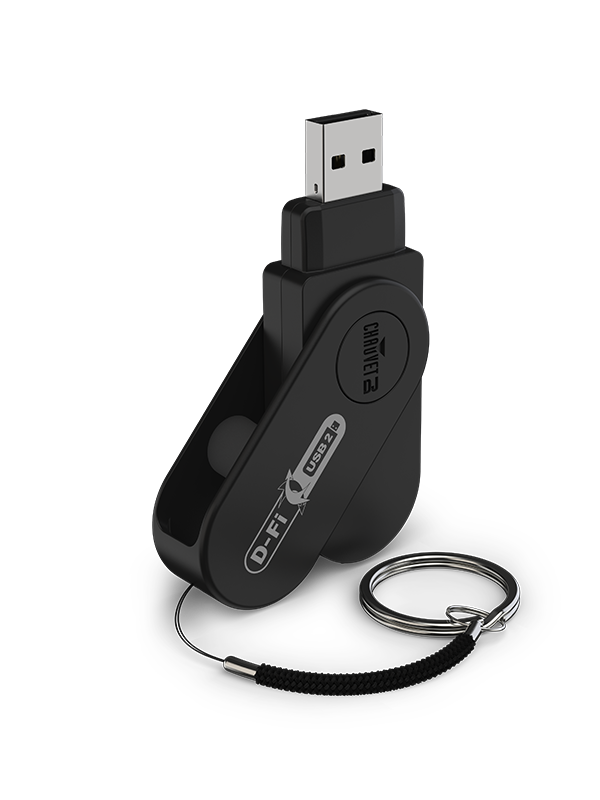 Chauvet DJ D-Fi USB 2 wireless DMX transceiver side profile view showing extended USB connector, black foldable housing with D-Fi USB 2 and Chauvet logos, and lanyard with metal key ring for DJ lighting control