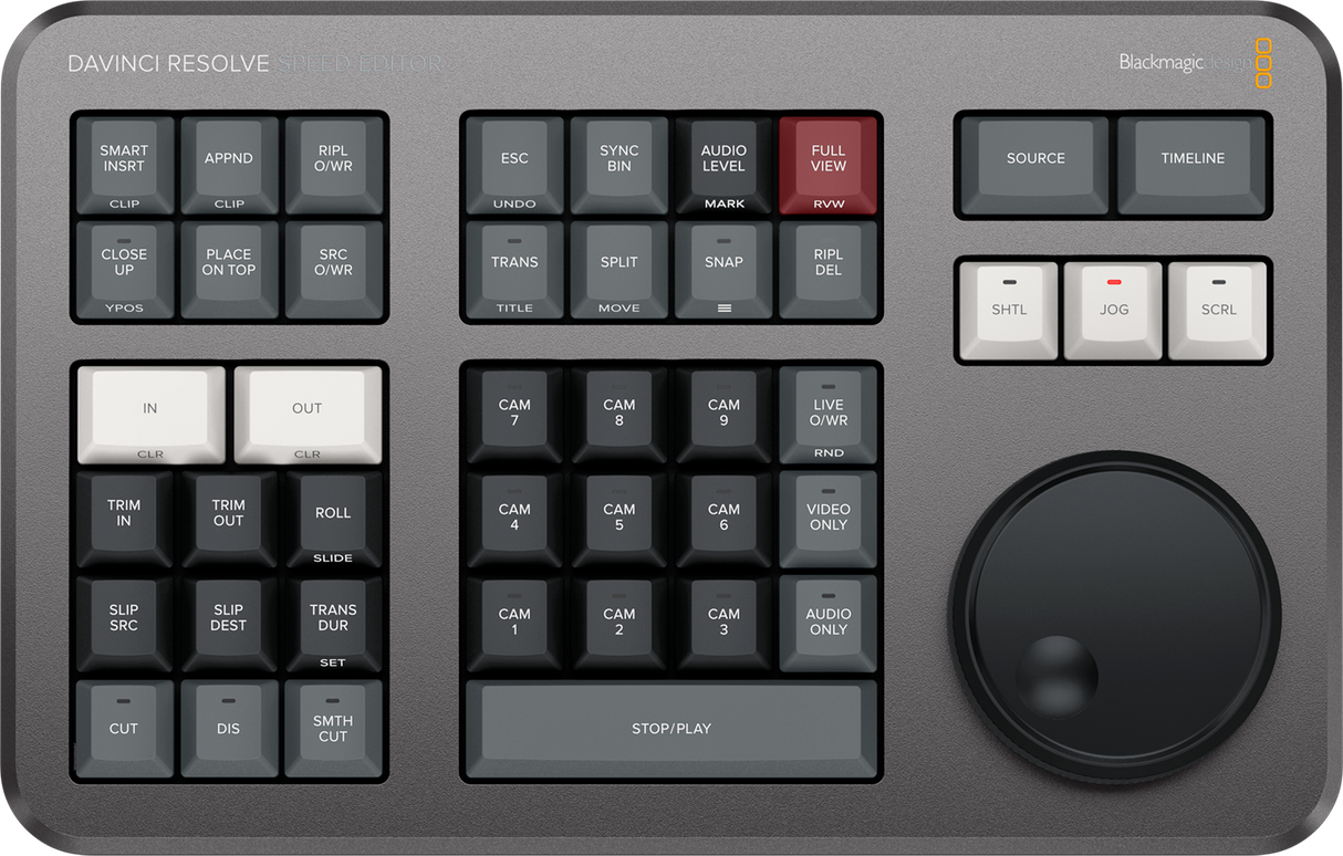 Blackmagic Design DaVinci Resolve Speed Editor top view with jog/shuttle dial and 43 dedicated editing keys