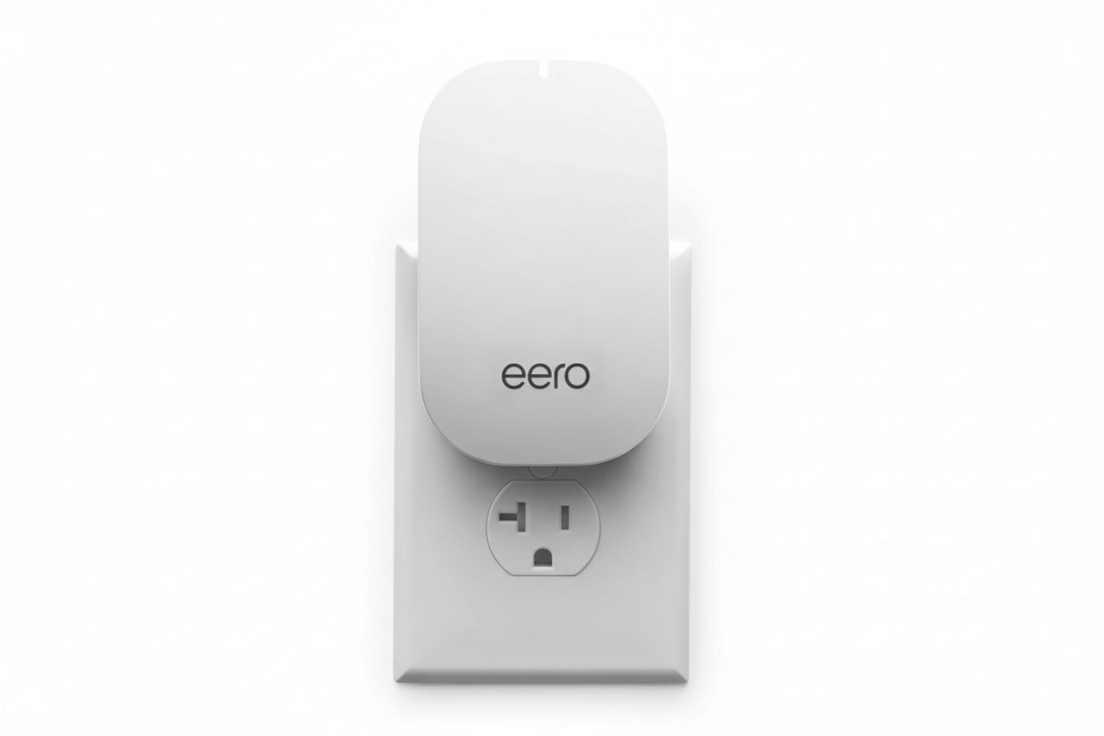 eero Beacon plug-in mesh WiFi extender installed in wall outlet expanding eero network coverage