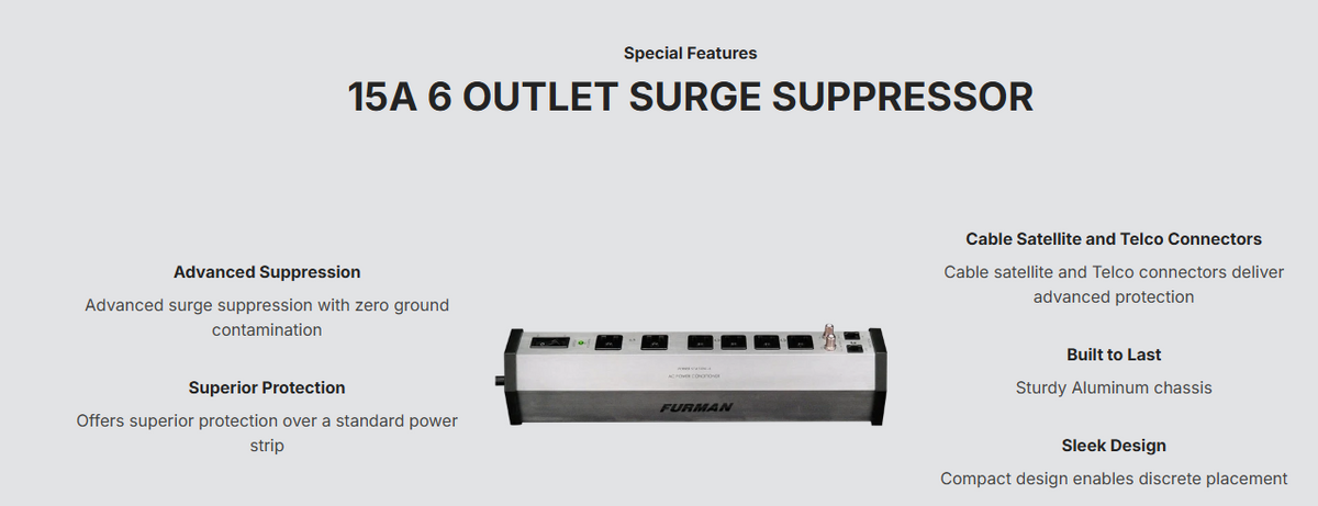 Furman PST-6 15A AC strip with 6 filtered outlets, advanced surge suppression, zero ground contamination, cable and Telco protection, aluminum chassis, and UL1449 standard surge protection