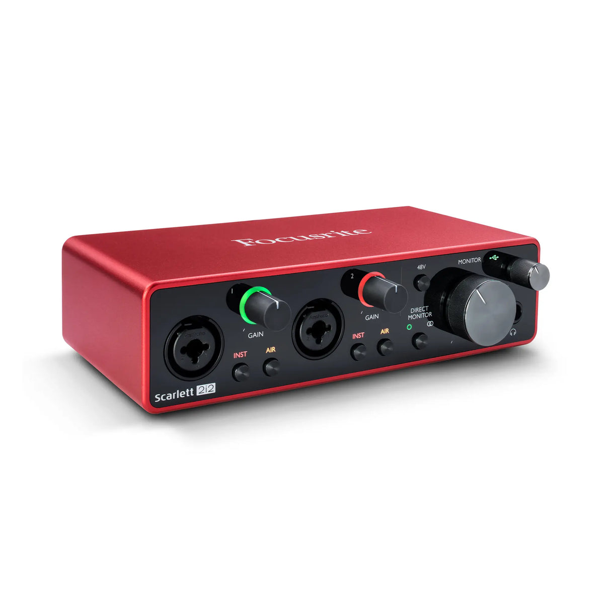 Right view of Focusrite Scarlett 2i2 3rd Gen USB audio interface with two XLR inputs