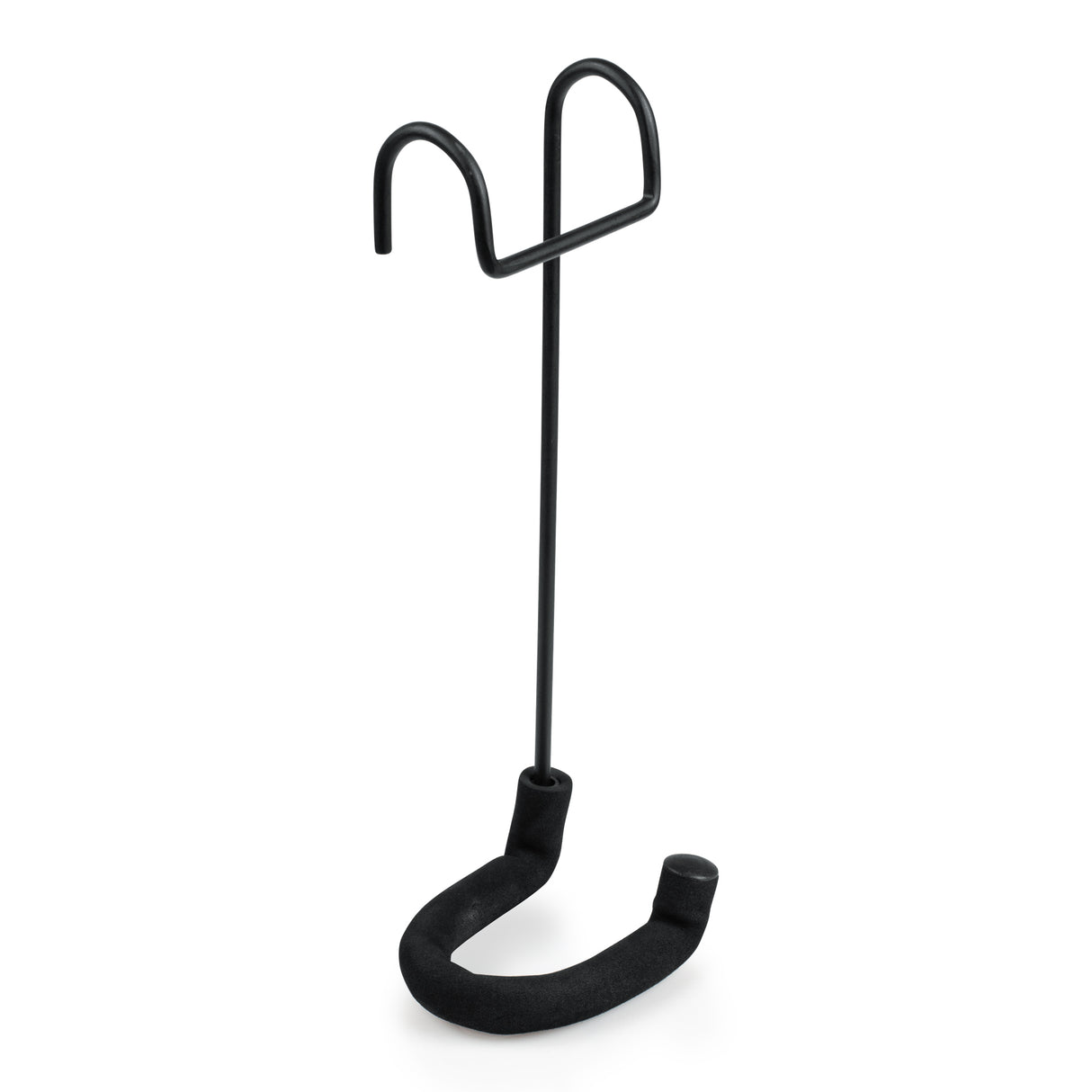 Gator Frameworks GFW-GTRCLOSETHNGR closet hanger yoke angled front view, black steel with double upper hooks for secure closet rod attachment and padded black U-shaped lower yoke for guitar neck support, white background